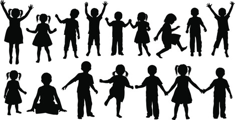 Obraz premium Children silhouettes, playful poses, dancing, jumping, sitting, vector clipart, black and white, childhood motion, gesture, interaction