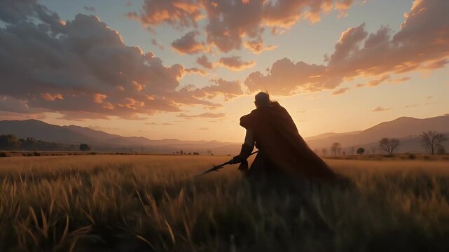 Epic fantasy knight silhouette walking through golden field at sunset with dramatic sky