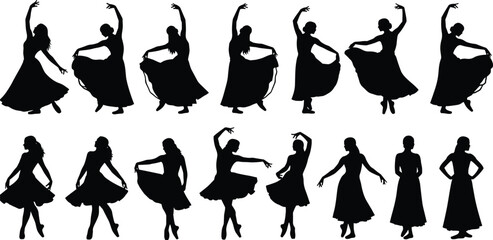 Dancing woman silhouettes, graceful poses, flowing dress, vector clipart, black and white, expressive movement, ballet, folk, elegance
