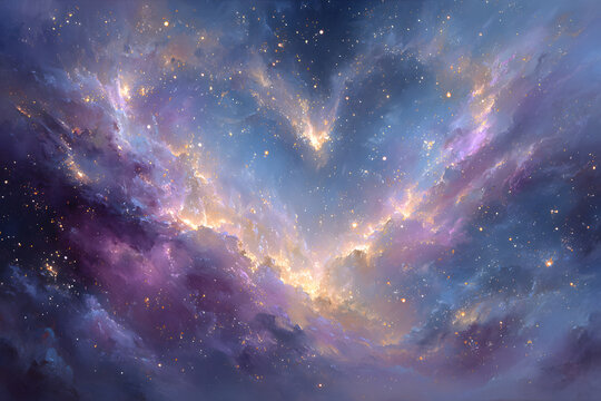 Glittering stars, cosmic dance, hearts align, destiny's embrace, valentine day concept.