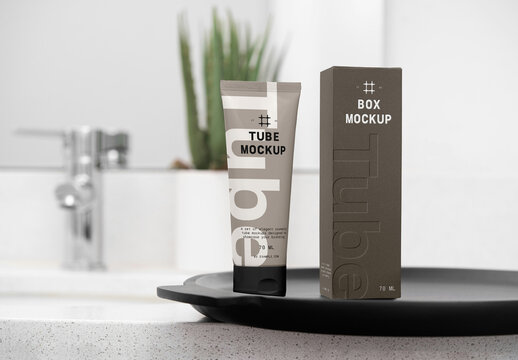 Standing Cosmetic Tube & Box PSD Mockup