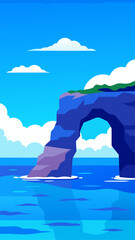 Stylized blue arch rock formation over calm ocean waters