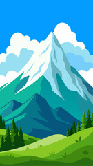 Vibrant mountain landscape with green hills and blue sky