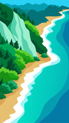Stylized coastal landscape with rolling hills and turquoise ocean