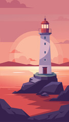 Serene lighthouse on rocky coast at sunset with warm sky