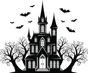 Haunted mansion silhouette, gothic architecture, spooky trees, flying bats, Halloween vector, black and white, horror clipart, eerie house