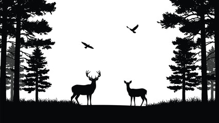 Fototapeta premium Forest wildlife silhouette, deer and birds, pine trees, nature vector clipart, black and white, woodland scene, outdoor landscape