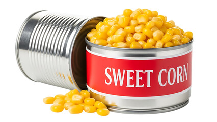 Canned sweet corn kernels top view isolated cut out on PNG. AI GENERATED.
