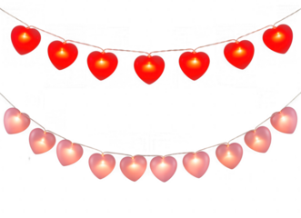 Heart string lights garlands arranged in two rows with glowing bulbs shaped like love symbols on white background for valentines day, wedding reception backdrop or romantic store decoration layout