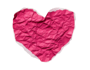 Crumpled paper heart with torn edge as a handmade Valentine element for greeting cards and love notes, used in relationship messages, apology letters and scrapbook pages for gift tags and postcards