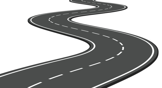 Perspective view of a long and winding asphalt road or highway curving into the distance, isolated on a white background.