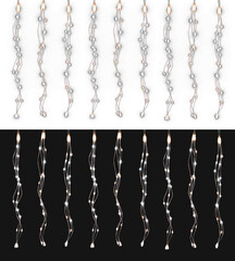 Icicle filament curtain with multiple hanging drops isolated on an empty field, used for a winter wedding backdrop, shopfront showcases and gala announcement headers with room for copy