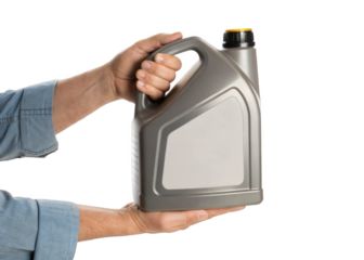 hand holding Engine oil (Gallon) isolated on a transparent background.