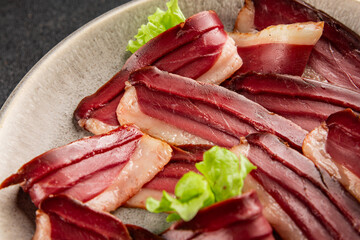 Duck breast slice magret smoked meat poultry meat food tasty snack fresh delicious gourmet food background on the table rustic food top view copy space