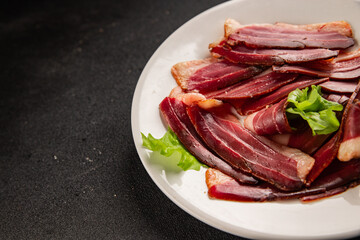 Duck breast slice magret smoked meat poultry meat food tasty snack fresh delicious gourmet food background on the table rustic food top view copy space
