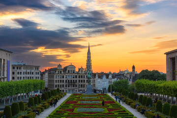 The Mont des Arts or Kunstberg is an urban complex and historic site in the centre of Brussels, Belgium. Architecture and landmarks of Brussels. Sunset cityscape of Brussels.