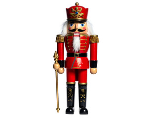 Naklejka premium A decorative wooden nutcracker soldier in a vibrant red uniform, posing against black