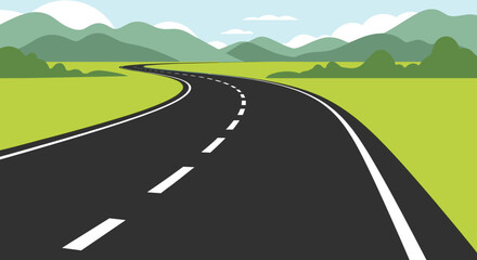 A scenic winding road travelling through a vibrant green landscape of fields and hills with mountains in the distant background.