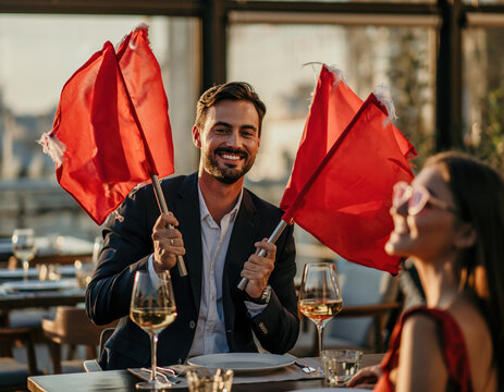 Funny Concept of Couple on a Date Holding Red Flags Indicating Toxic Relationship Warning
