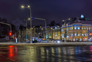 Night view of Prechistenskiye Vorota square in Moscow, Russia. Architecture and landmarks of Moscow. Moscow with Christmas decoration.