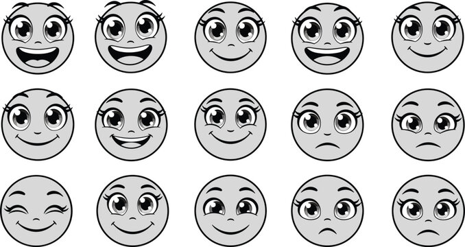 A collection of gray-scale cartoon female faces and emoticons with large, expressive eyes and eyelashes, showing various emotions like happy, sad, winking, and smiling.