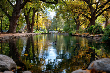 Obraz premium Autumn Park Pond with Duck and Reflections
