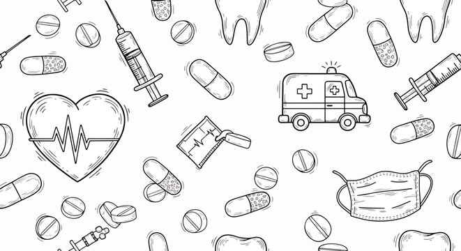 Seamless pattern with medical health icons including heart, pills, syringe, ambulance, and mask, hand-drawn style