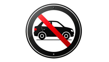 A circular road sign depicting a black car crossed out by a red diagonal stripe