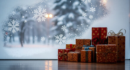 A collection of beautifully wrapped Christmas presents sits on a wooden surface, with a snowy winter scene visible through a frosted window adorned with snowflakes.