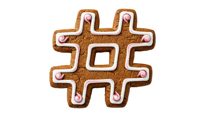 Gingerbread cookie hashtag symbol decorated with white icing Isolated on Transparent Background.