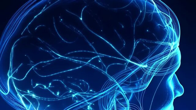 A striking digital illustration of a human brain in profile view, illuminated with vibrant, interconnected neural network lights. the image conveys advanced concepts of neuroscience, technology, and f