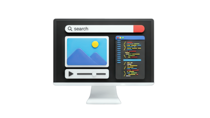 Computer Monitor Displaying Search, Code, and Media Player Interface