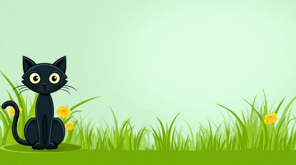 Curious black cat sitting in green grass with yellow flowers and soft background