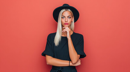 Young woman in black hat and shirt posing confidently on orange background