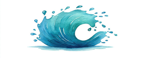 Watercolor ocean wave with splashes and dynamic motion in blue tones