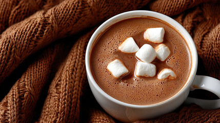 Hot chocolate cocoa marshmallow knit warm cozy comfort winter drink dessert indulgent hot chocolate with marshmallow on top resting on soft brown knit fabric for warm winter comfort mood