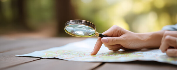 Urban planner examines map with magnifying glass outdoors on wooden table