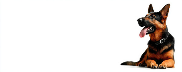 German shepherd dog lying panting with tongue out isolated on white background