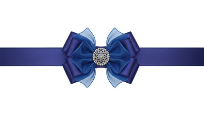 Elegant dark blue satin ribbon bow with silver crystal brooch embellishment Isolated on Transparent Background.