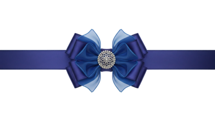 Elegant dark blue satin ribbon bow with silver crystal brooch embellishment Isolated on Transparent Background.