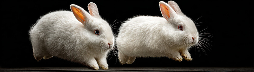 Two white rabbits in mid air leap with energetic motion on black background