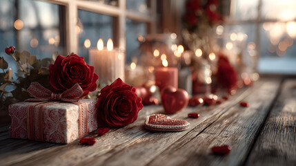 Empty wooden table with festive decor and a blurred window background for Valentine's Day product display and marketing ideas