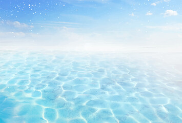 Heaven with clouds and floating water beach vector design background. Sea or ocean caustic water backdrop. Summer beach aestetic. Natural transparent underwater surface. Clean sparkling waterscape