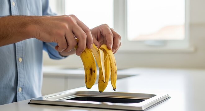 Person Disposing of Overripe Bananas in Kitchen Waste Basket with Natural Light - Powered by Adobe