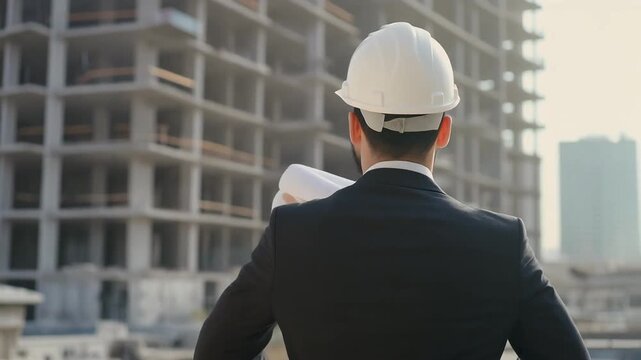 Construction professional in hard hat and suit inspecting a large building project under development