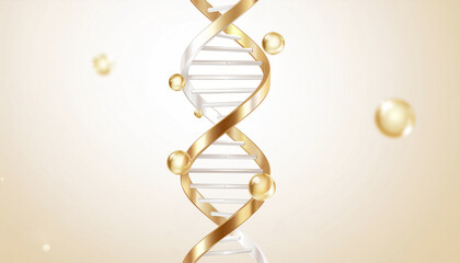 金色と白のDNA二重らせんが輝く先端美容科学イメージ｜エイジングケア成分・美容液広告・細胞研究向け高精細3Dビジュアル
Golden and white DNA double helix glowing in advanced beauty science 3D visual for anti-aging ingredients and skincare advertising