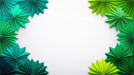 Paper fan decoration green folded paper leaf frame festive party border tropical paper rosette celebration invitation background blank white space center teal lime gradient origami style decor