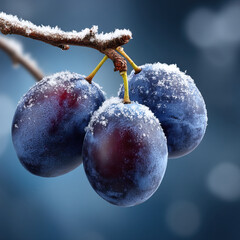 Frozen plum winter fruit blue plum snow frost cold branch macro closeup fresh food ripe plum natural background seasonal produce Frosted frozen plum winter fruit blue plum snow frost cold branch