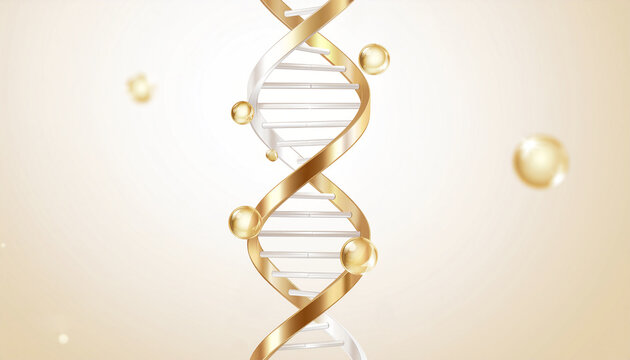 金色と白のDNA二重らせんが輝く先端美容科学イメージ｜エイジングケア成分・美容液広告・細胞研究向け高精細3Dビジュアル
Golden and white DNA double helix glowing in advanced beauty science 3D visual for anti-aging ingredients and skincare advertising