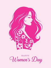 Happy Women's Day greeting card with pink silhouette of a woman with flowers and flowing hair